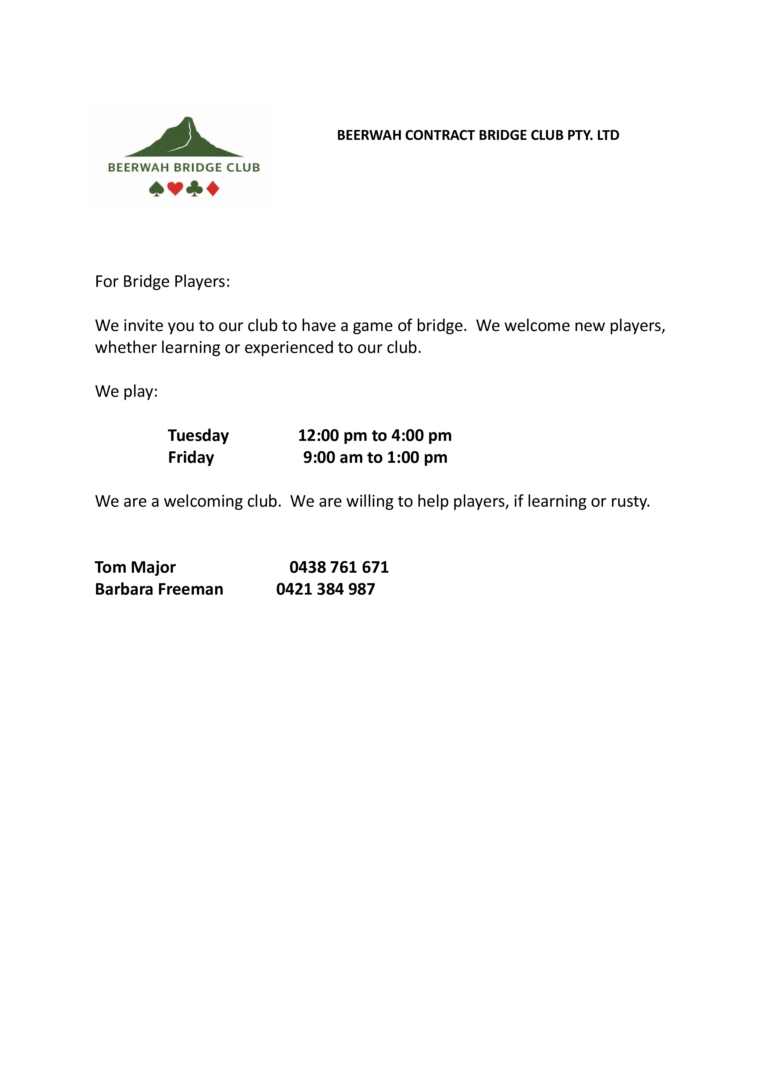 Beerwah Bridge Club Flyer - Nu Logo